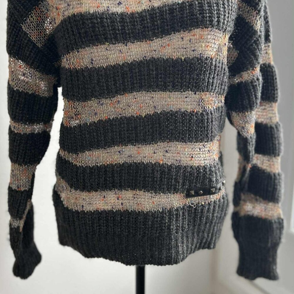 Tricotto Charcoal & Metallic Open-Knit Stripe Sweater w/ Shoulder Zippers - US M - Picture 4 of 16